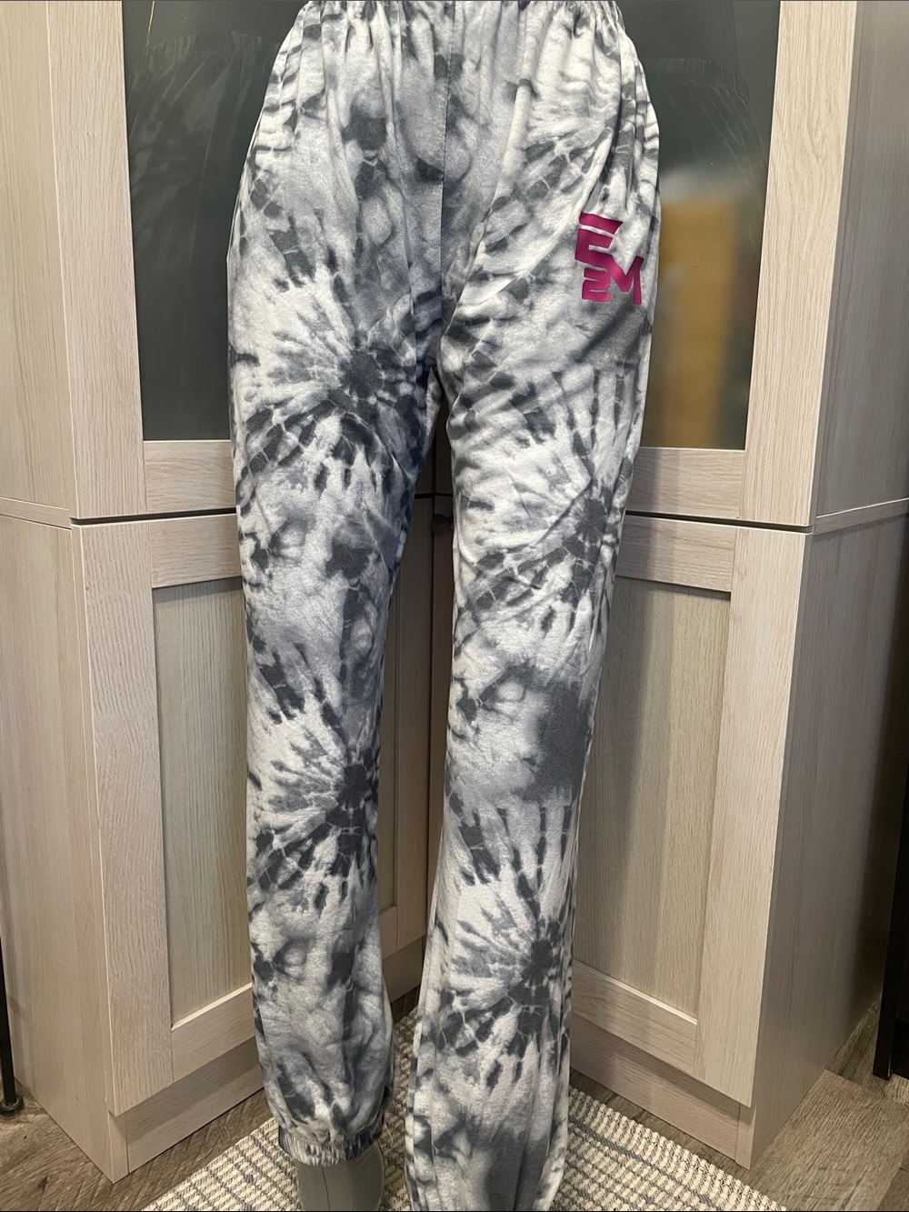 Lightweight Gray & White Tie-Dye Sweatpants with Pink Logo